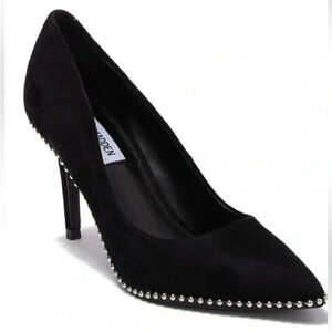 Steve Madden Diplo Black Suede Pump, Silver Studs, Pointed Toe, Stiletto Heel, 6